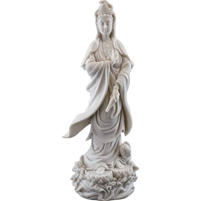 Top Collection Quan Yin Statue on Lotus Pedestal - Kwan Yin Goddess of Mercy and Compassion Sculpture in White Marble Finish- 12.5-Inch Buddhist Figurine - Image 1